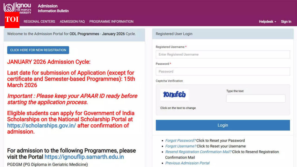 IGNOU January 2026 cycle underway, last date March 15, 2026; apply here