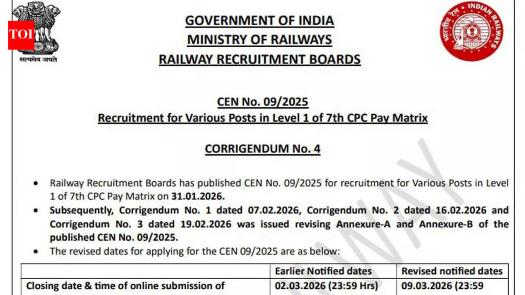 RRB Group D recruitment 2026: Last date extended for CEN No. 09/2025 applications