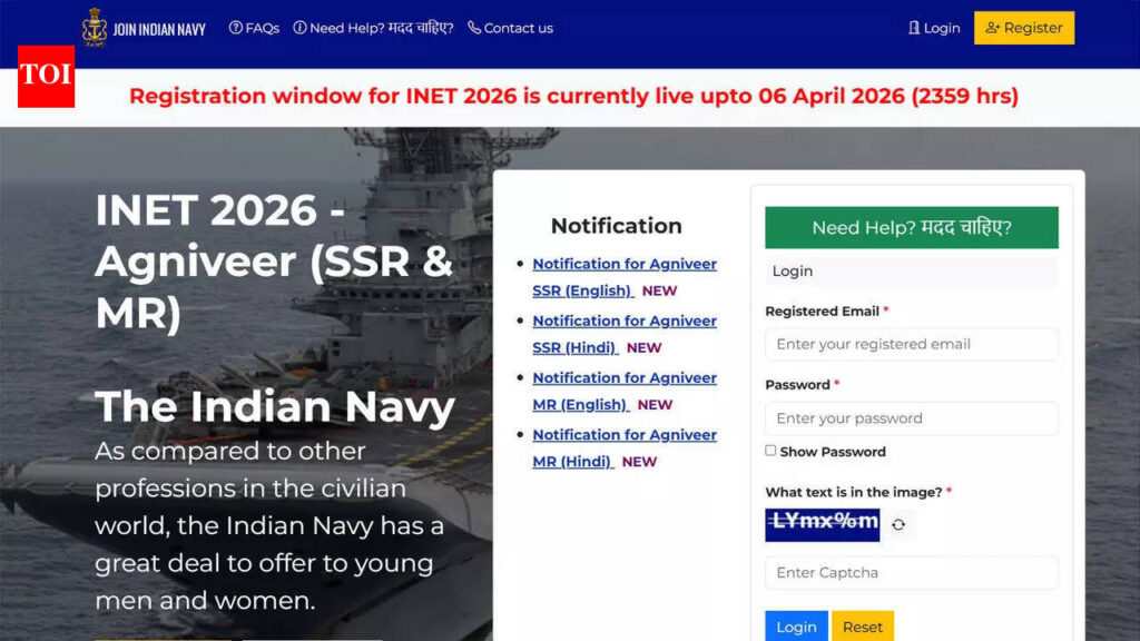 Indian Navy Agniveer Recruitment 2026: Indian Navy begins INET 2026 registration for Agniveer SSR, MR and SSR Medical recruitment; apply here