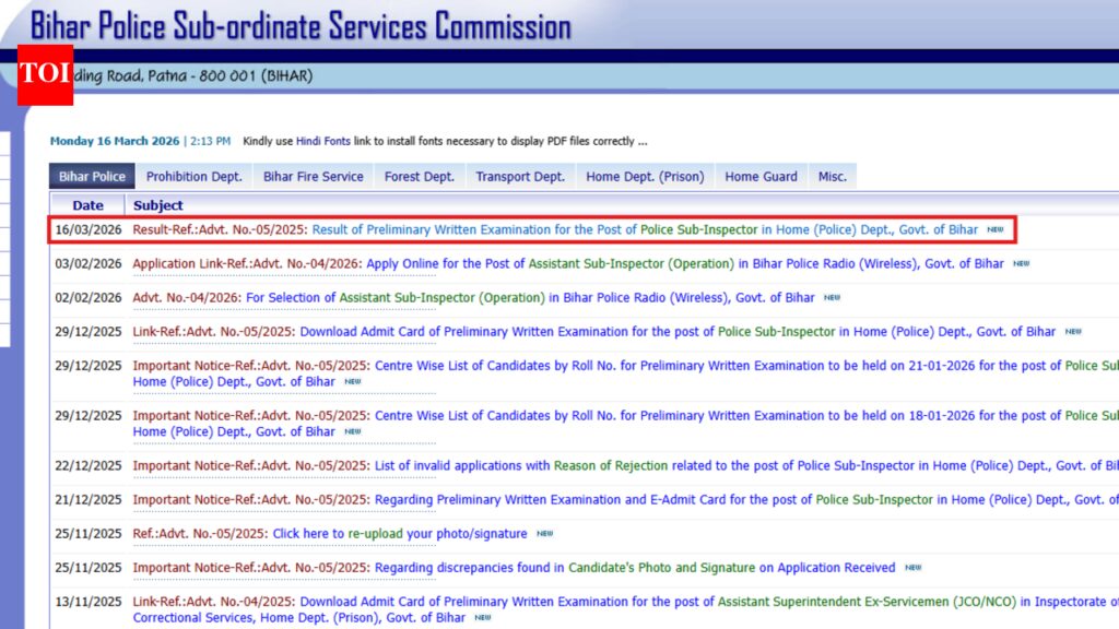 Bihar Si Result 2026: BPSSC Bihar Police SI result 2026 for prelims released: Direct link to download merit list here