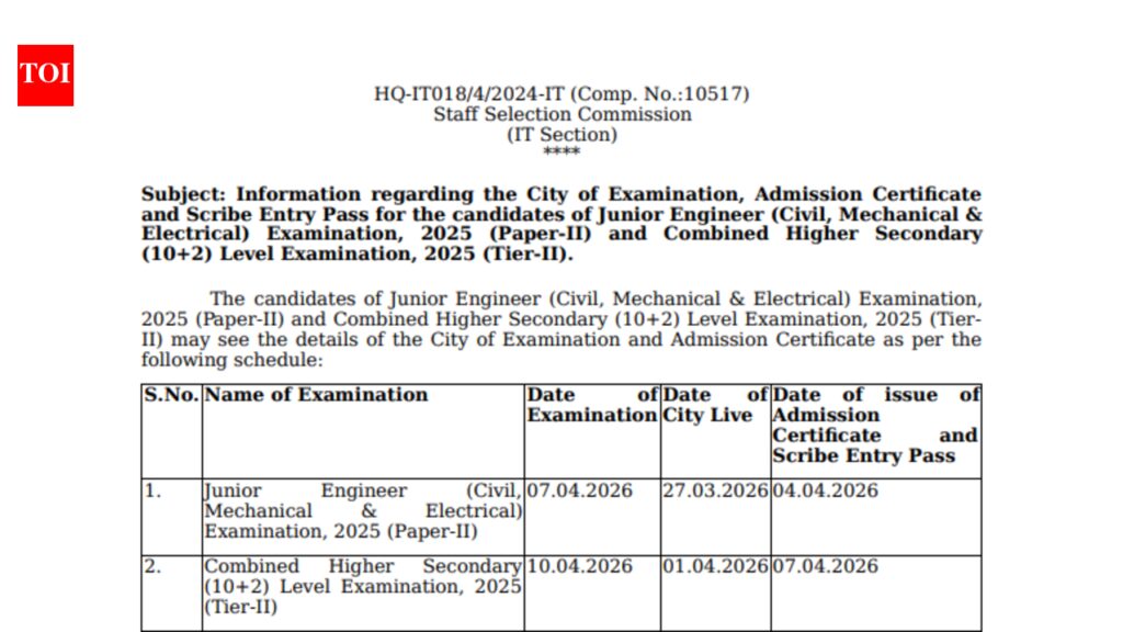 SSC releases JE, CHSL Tier 2 exam city slip and admit card 2026 dates; check details here