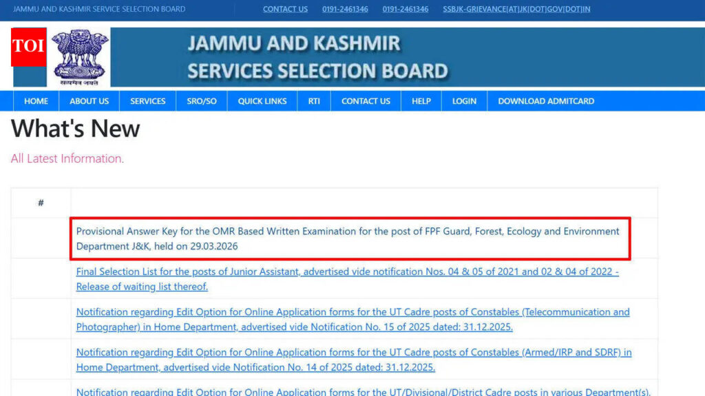 JKSSB FPF answer key 2026 released for guard posts; download PDF here