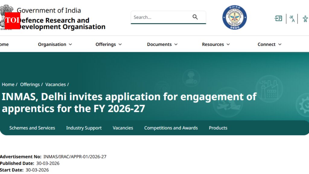 DRDO INMAS Apprentice Recruitment 2026: Apply for graduate, diploma training posts, direct link here