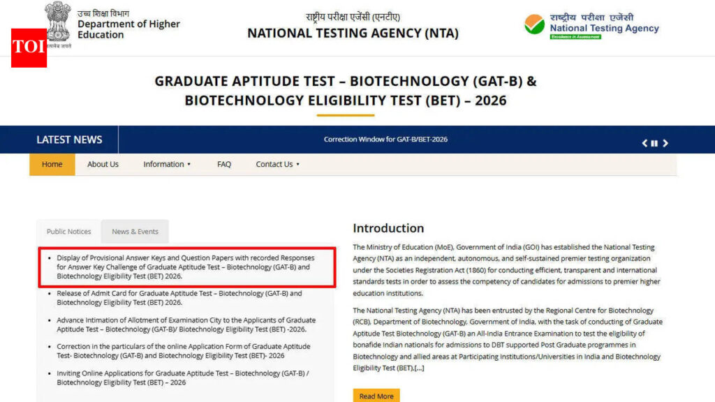 Dbt Bet Answer Key 2026: GAT-B and BET 2026 answer keys released; NTA opens challenge window till May 24