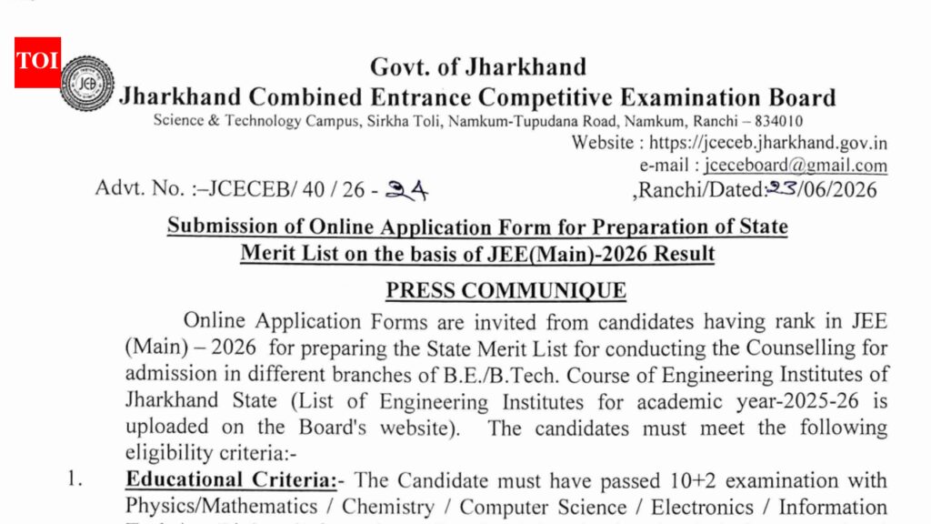 Jharkhand BTech admissions 2026: JCECEB opens registration for JEE Main qualified candidates, apply by July 2