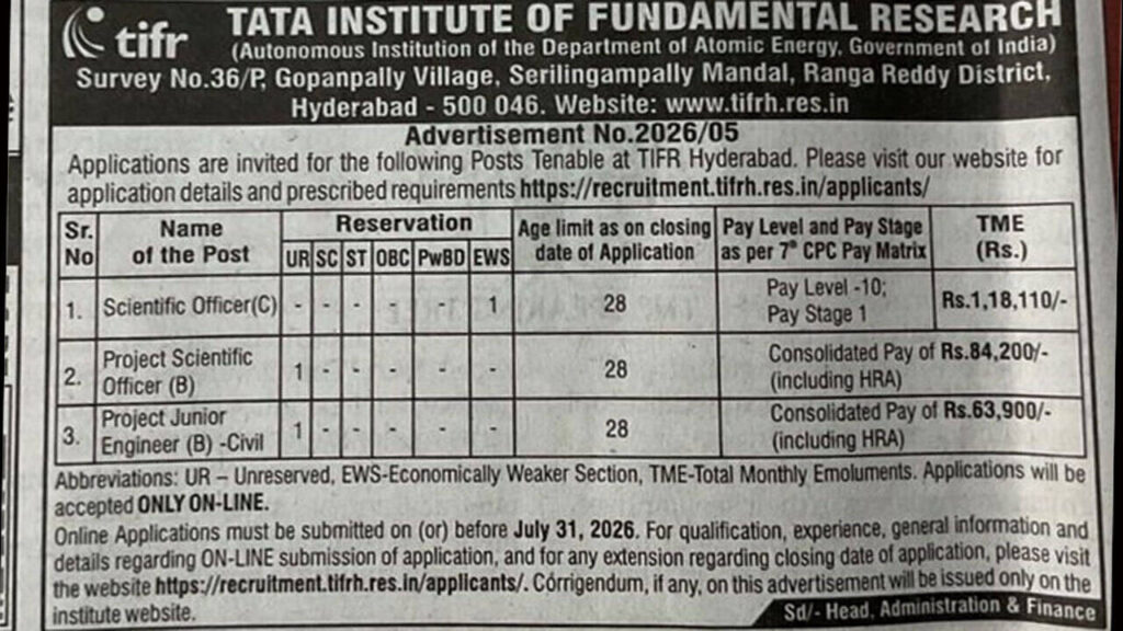 TIFR Hyderabad recruitment 2026: Apply for Scientific Officer and engineering posts by July 31; check details here