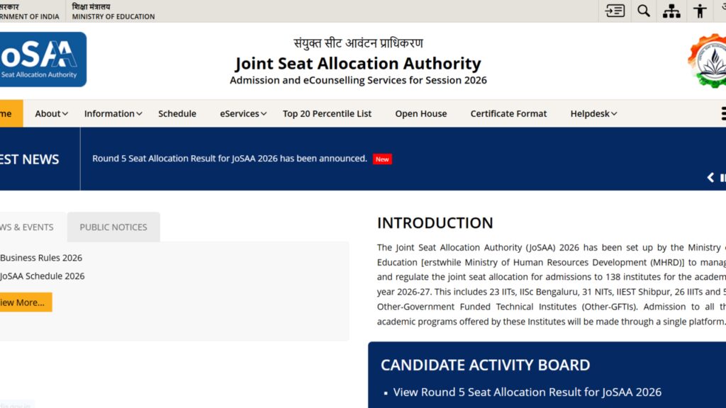 JoSAA counselling 2026: Round 5 seat allotment result released at josaa.nic.in; complete online reporting by July 20
