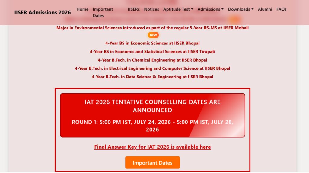 IISER 2026 counselling schedule released, round 1 admission starts July 24: Check details