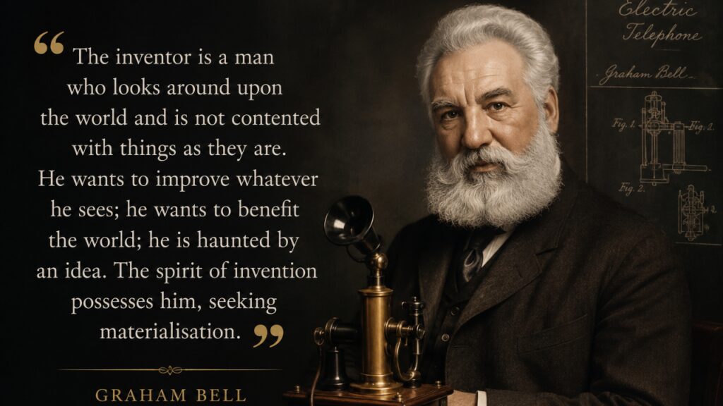 Quote of the day by Alexander Graham Bell: Why “The inventor is a man who looks around upon..” celebrates the power of curiosity and innovation |